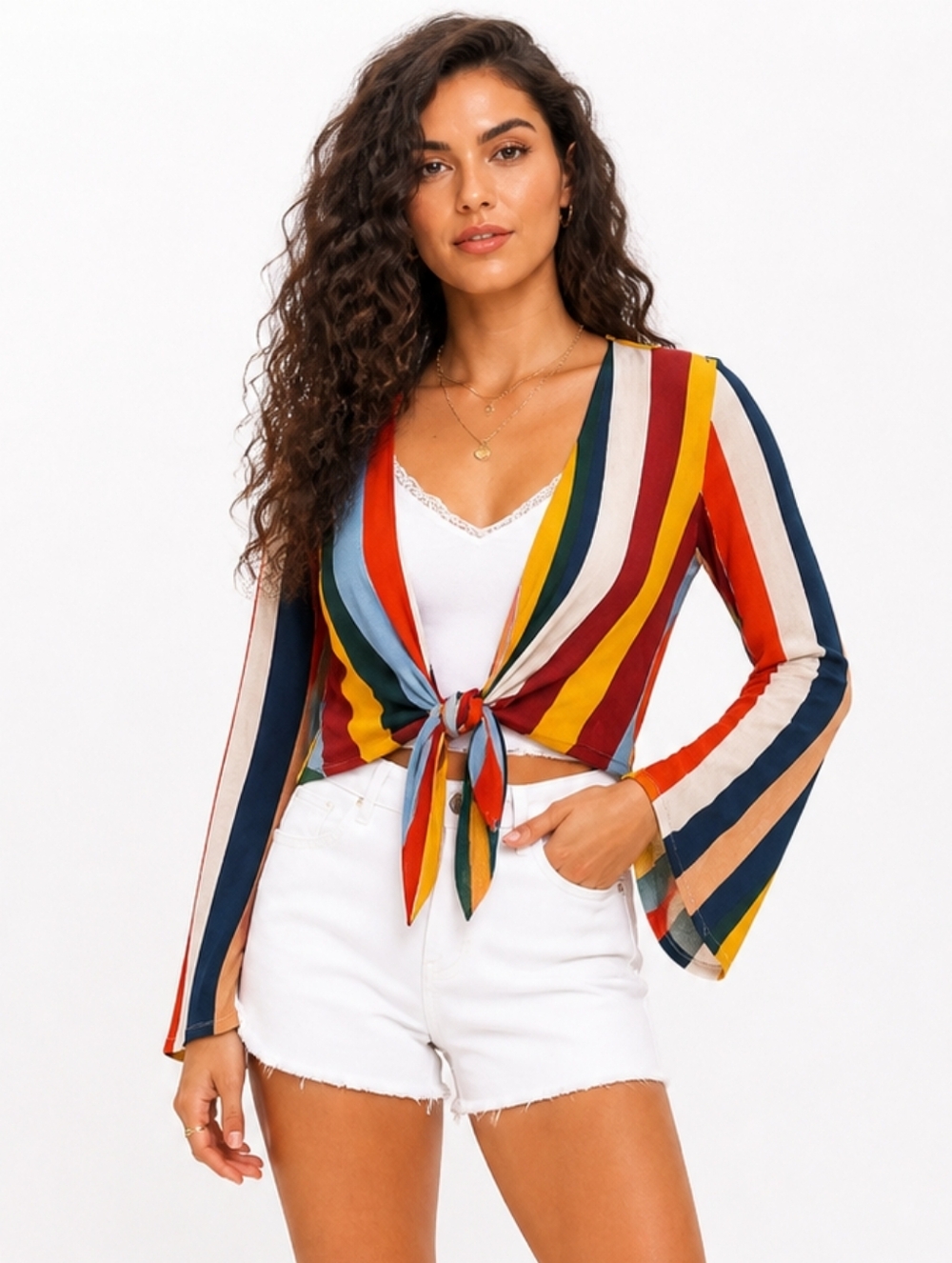 Forever 21 Multicolor Striped Tie Front Bell Sleeve Crop Top Boho